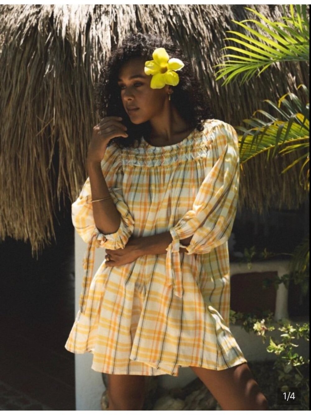 Daughters Of India Freya Dress Honeycomb Plaid Dress Large Babydoll Puff Sleeves
